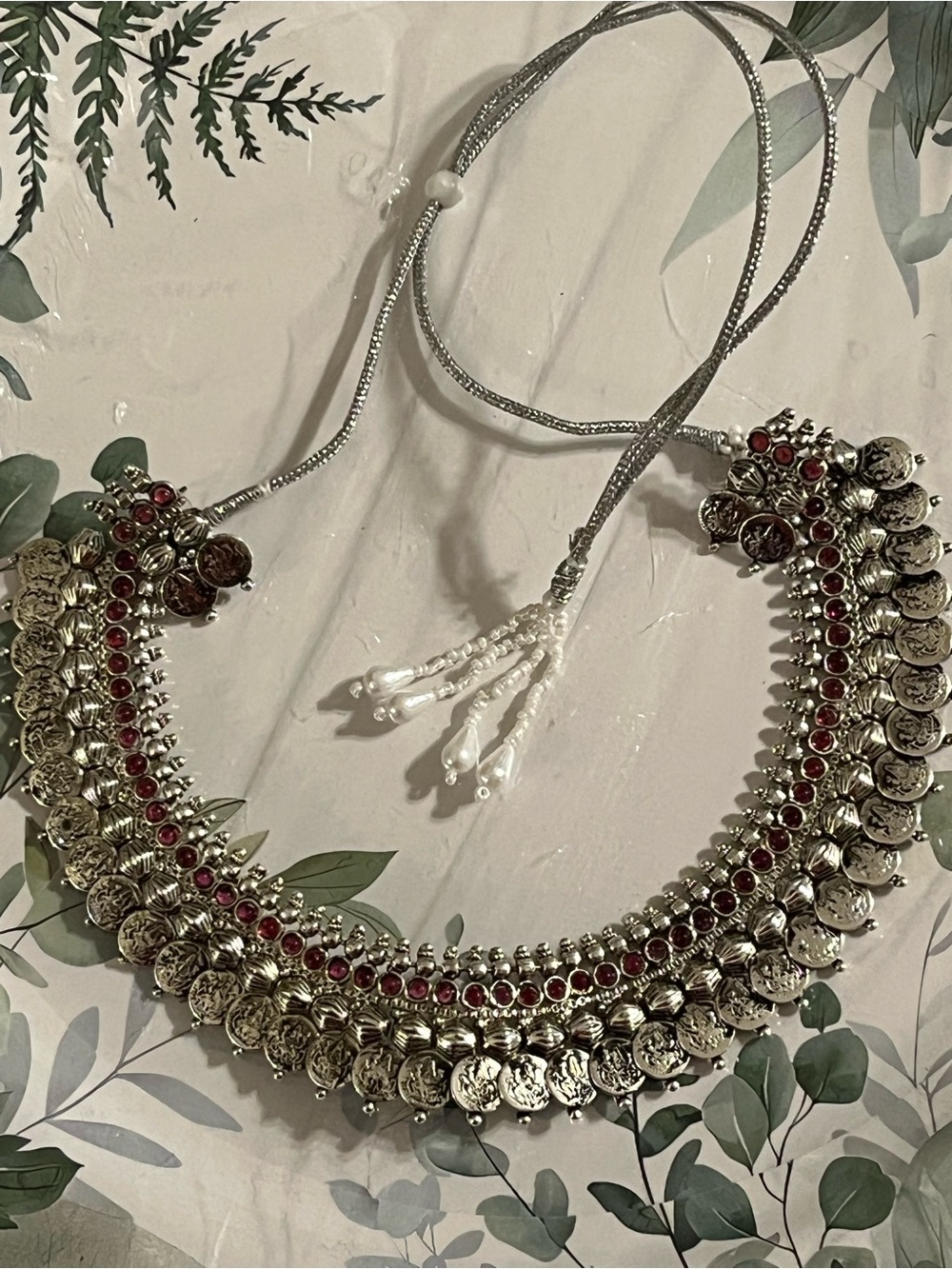Handmade Silver-Tone Coin Necklace with Red Stones - Women Jewelry